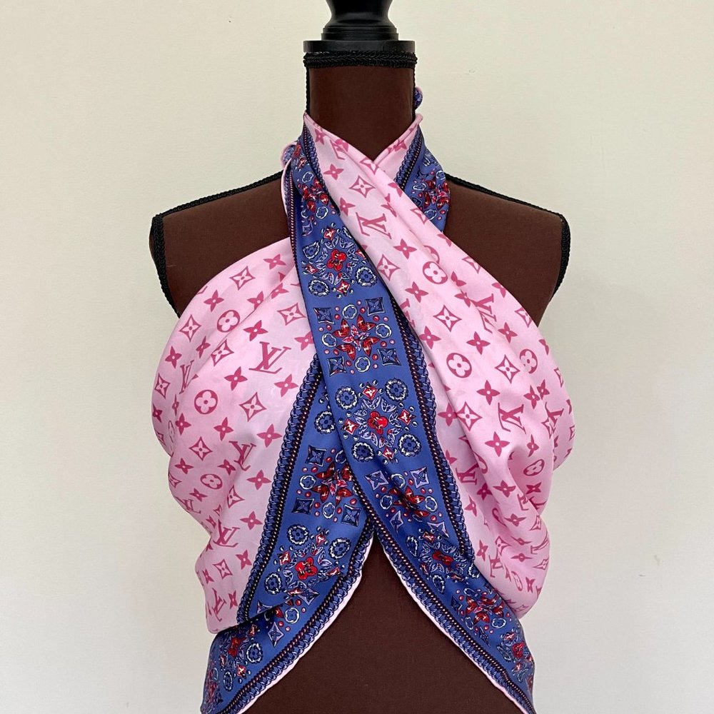 Louis Vuitton Wrap Monogram Logo Oversize Square Barbie Pink Silk Scarf